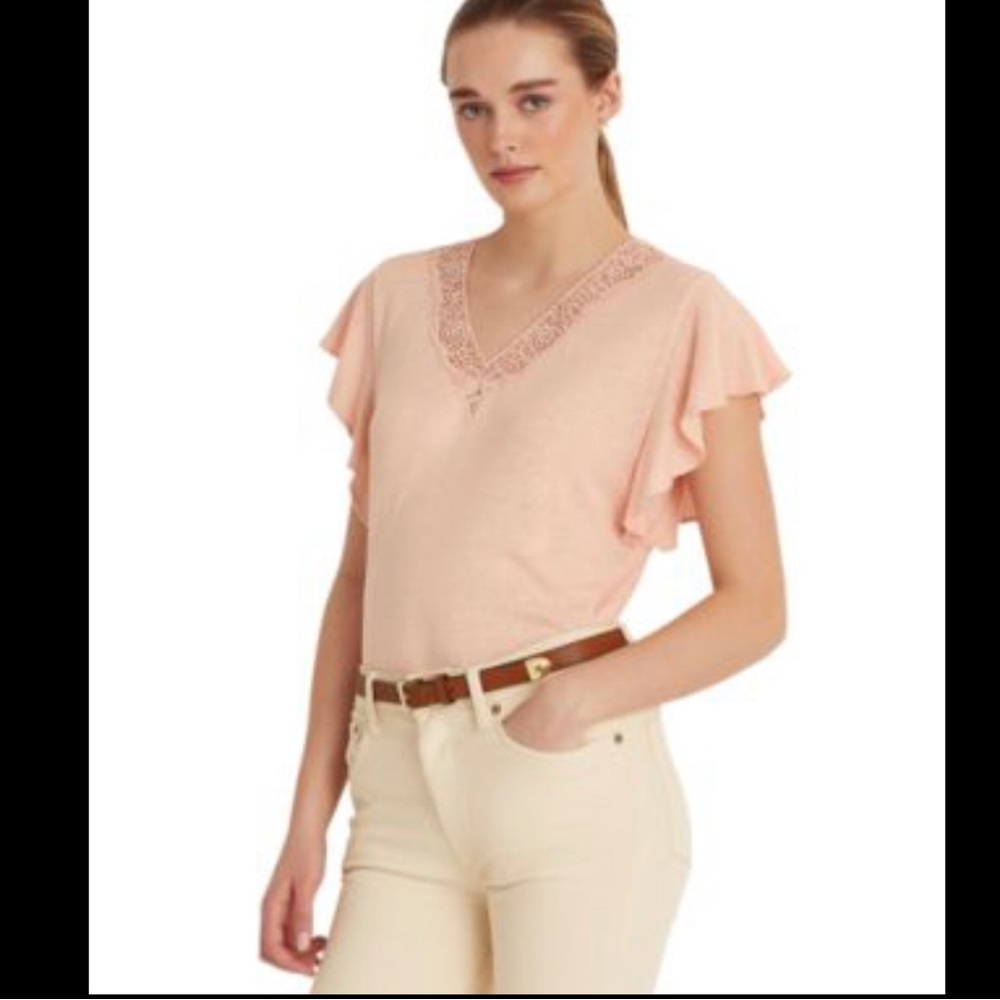 NWT Lauren by Ralph Lauren Linen-blend Jersey Flutter-sleeve In Pale Pink XL